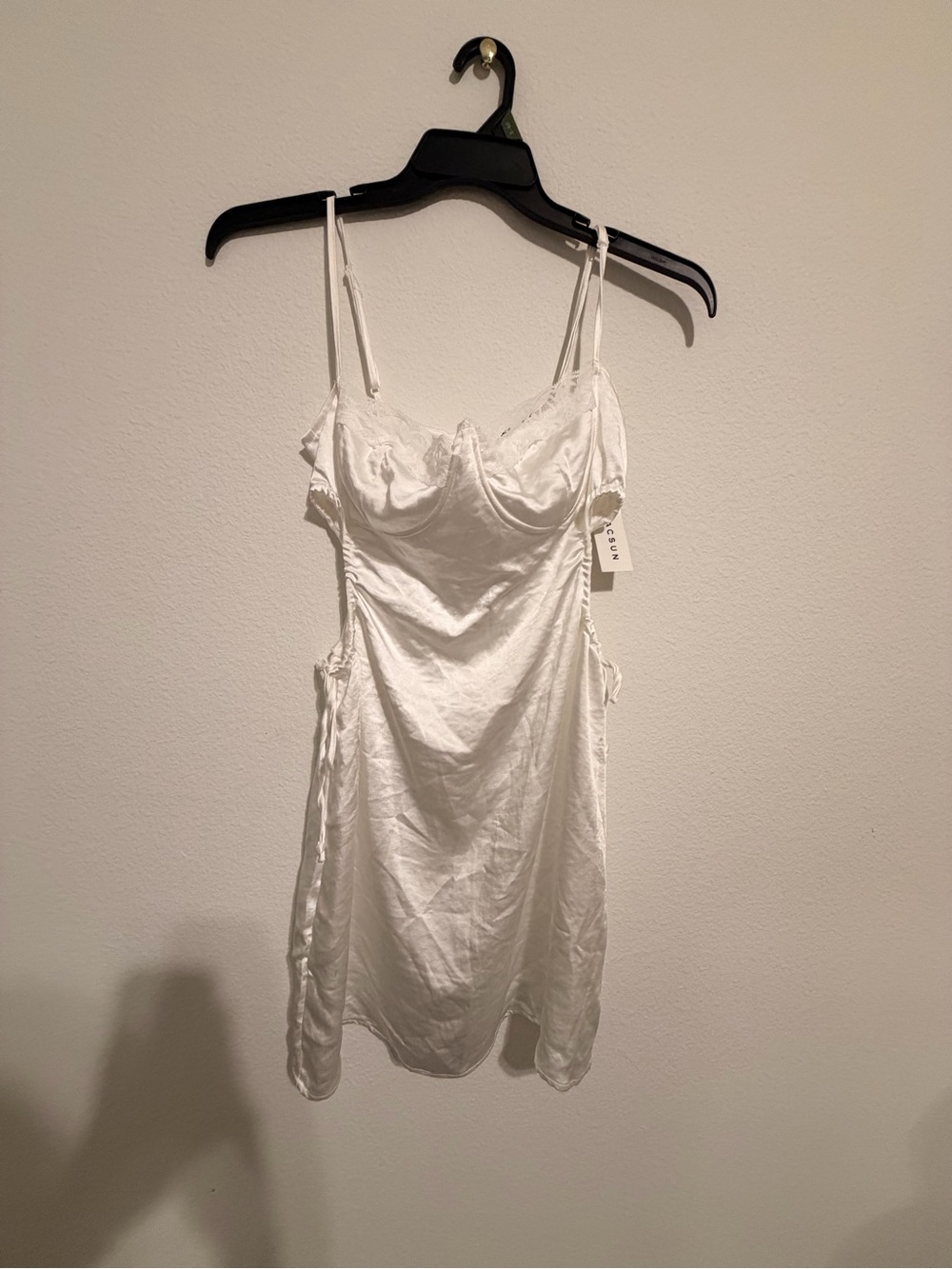 Women's White Satin Slip Dress with Lace Trim